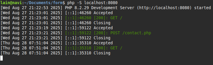 Running php -S localhost:8080