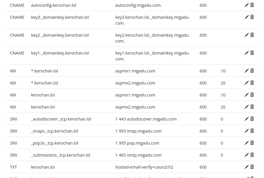 A bunch of records copy-pasted from Migadu Dashboard to Porkbun.