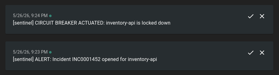 webhook logs capturing an incoming out-of-band 'CIRCUIT BREAKER ACTUATED' urgent notification message