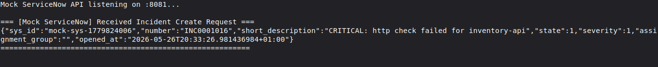 Outbound ITSM JSON Incident Payload showing auto-created ticket in an Active state