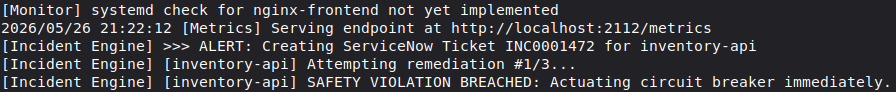 Administrative Terminal logs displaying an blocked execution chain with a 'CRITICAL_SAFETY_VIOLATION' warning and subsequent circuit-breaker activation alert